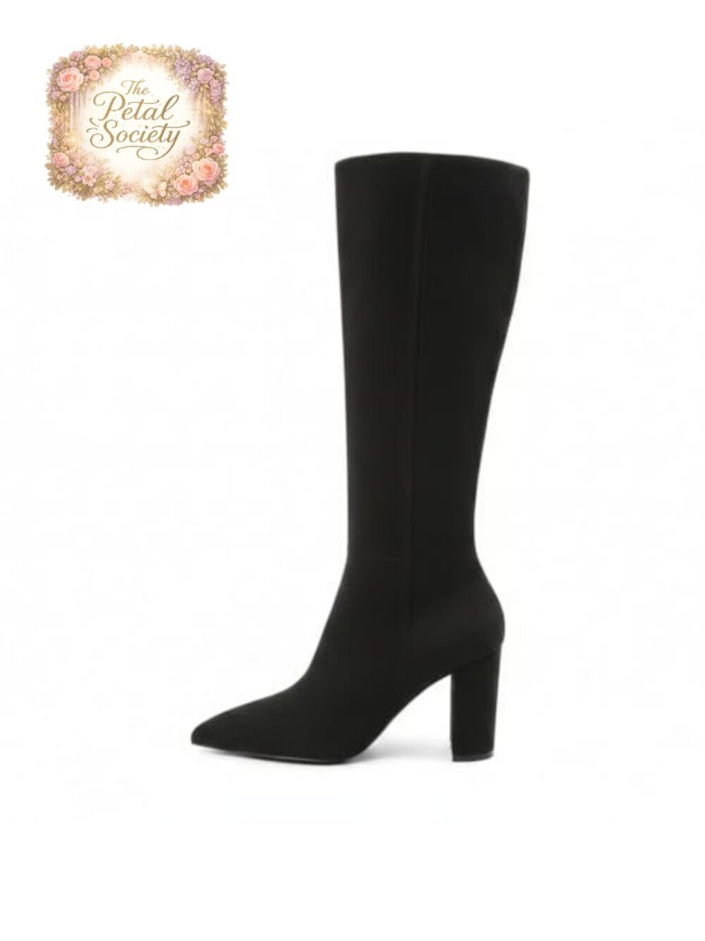 Pointed Toe Knee High Boots Chunky Heel Side Zip Gogo Booties Faux Leather